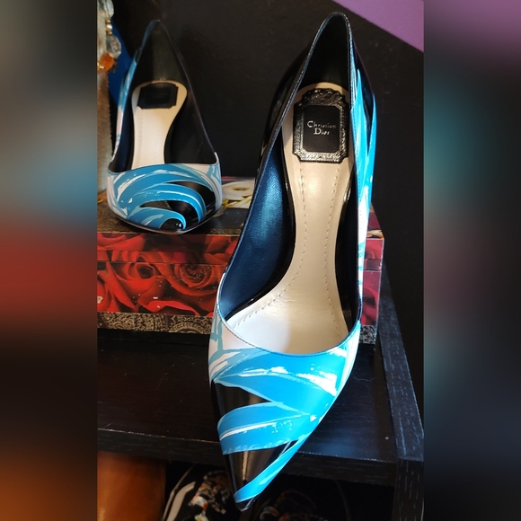 Christian Dior Like New color block heels / pumps blue and black leather - Picture 5 of 12